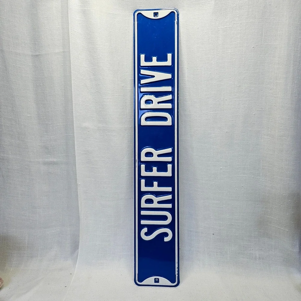 Vintage Surfer Drive Street Sign Metal Embossed Blue White Beach Coastal Decor